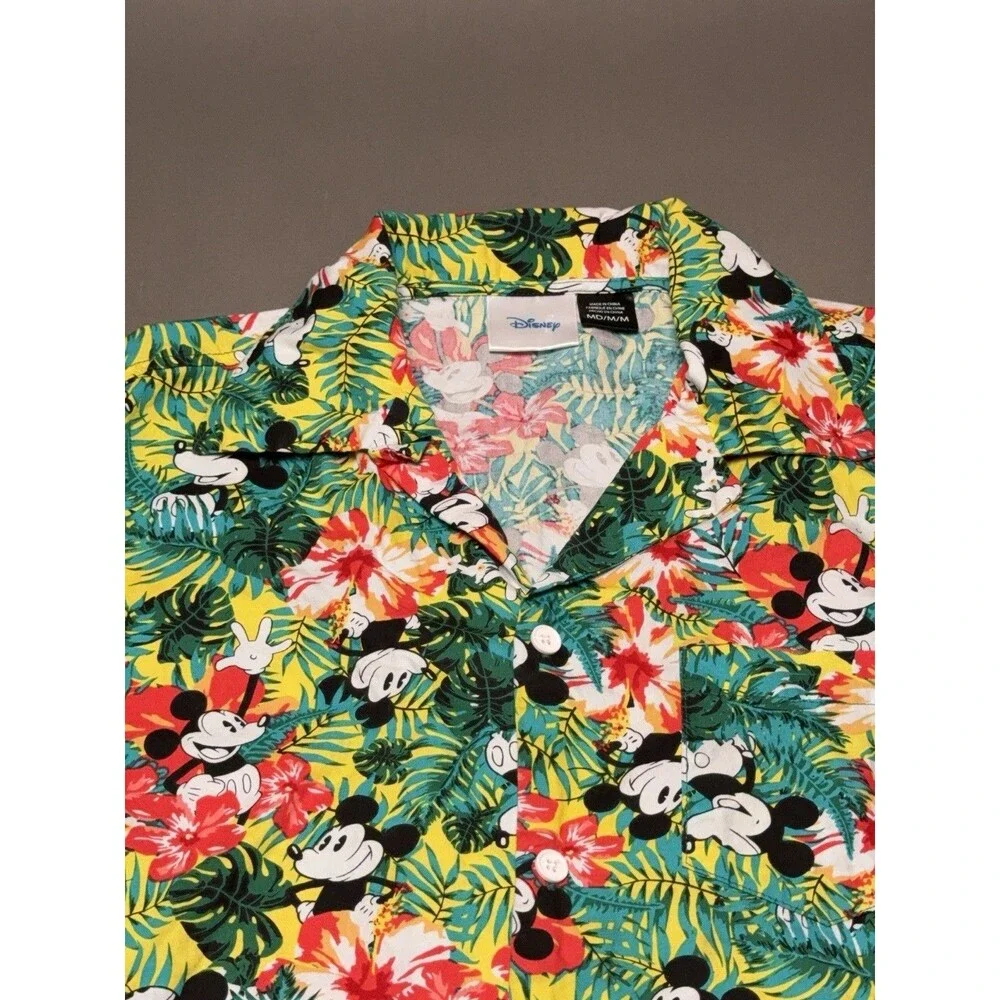 Disney Hawaiian Shirt Mens M Mickey Mouse Hibiscus Short Sleeve Button Up Floral